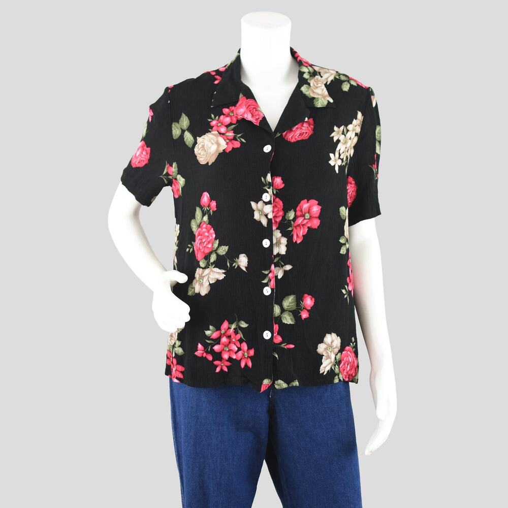 80s Summer Shirt, Black & Pink Floral Button Down, Women’s Large